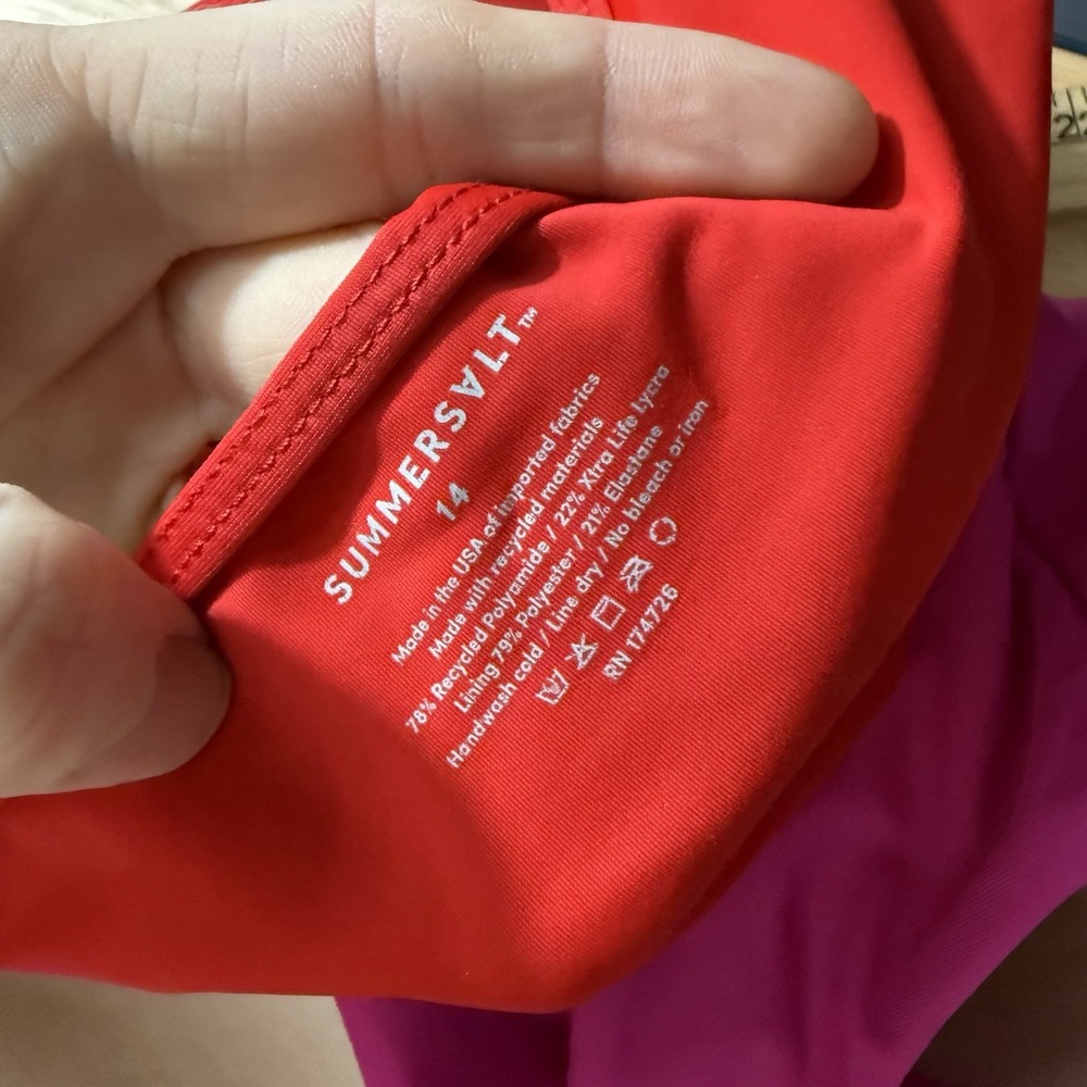 SummerSalt Color Block Lava Hibiscus Swimsuit Barbie High Neck Tie Pink Red 14 - Picture 7 of 7
